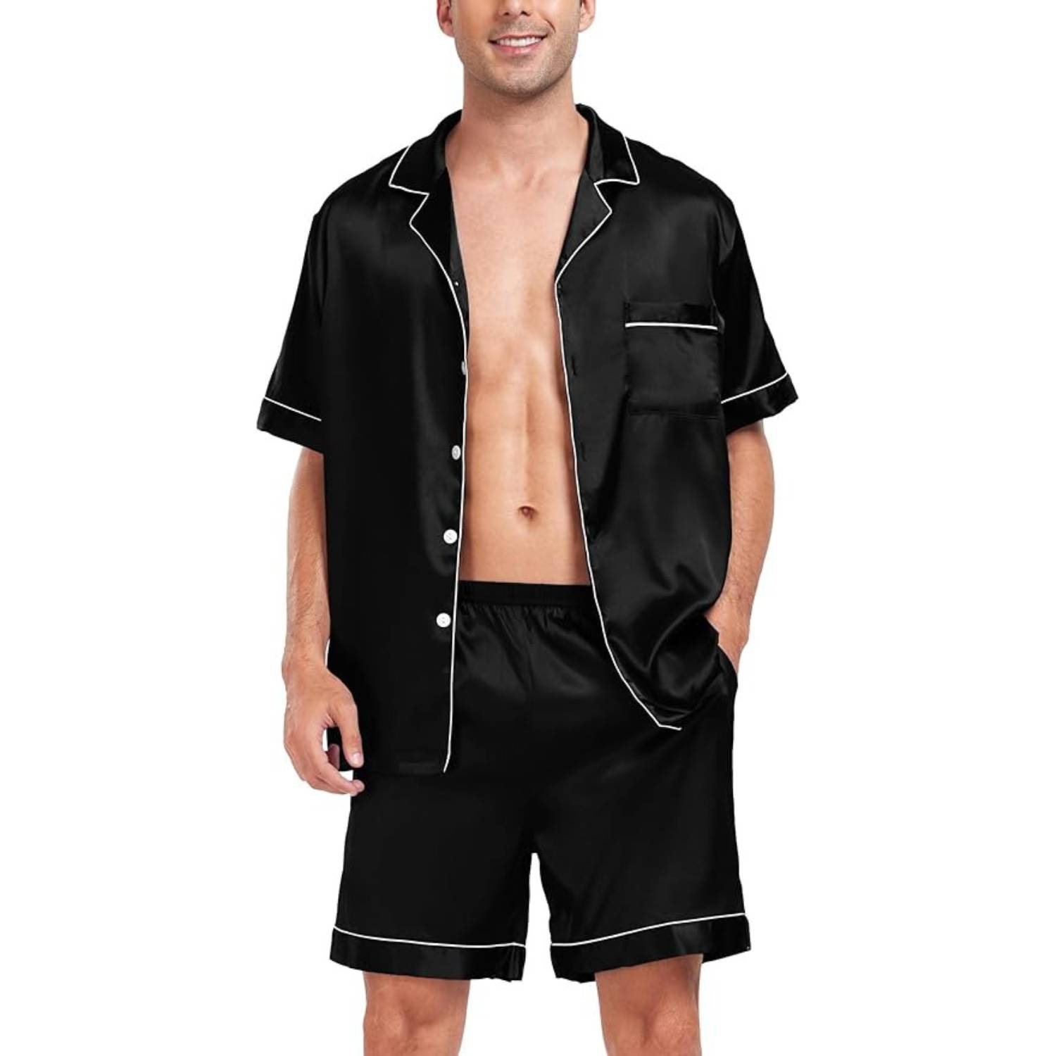 buy black mens satin pyjamas set