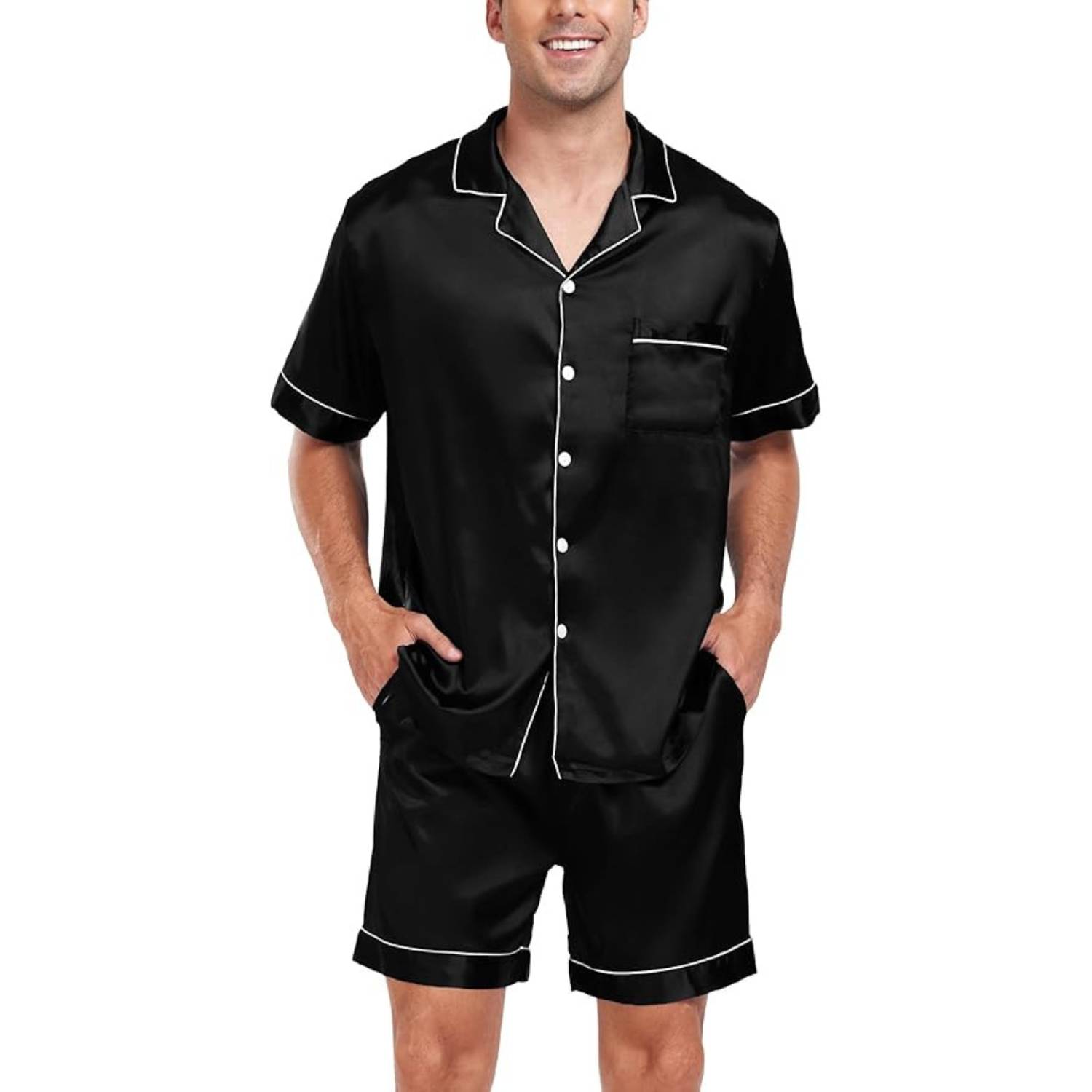 buy mens short sleeve silk pyjamas black