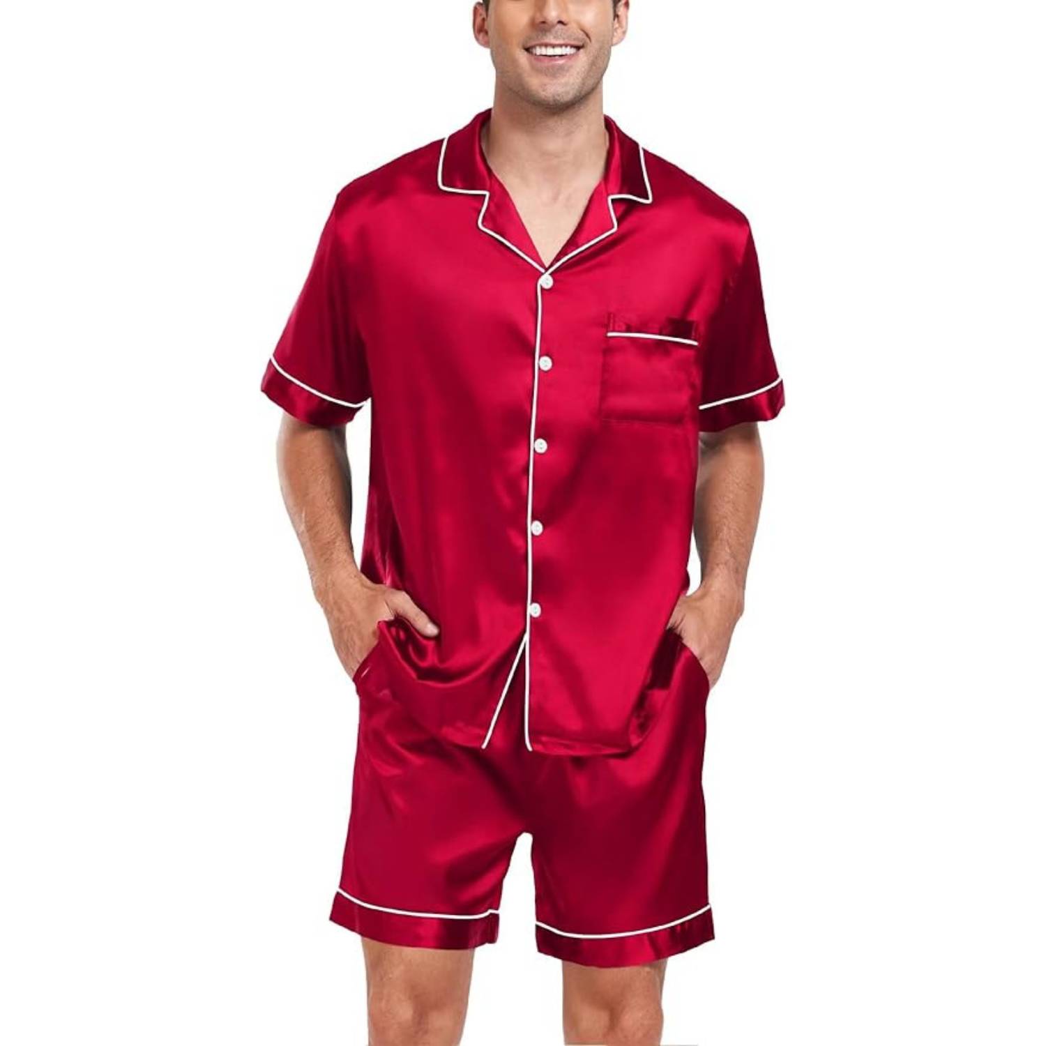 buy mens short sleeve silk pyjamas red